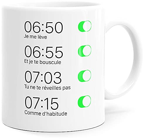 Mug Humour Réveil Matin Tasse Message drôle. Idée Cadeau Original Amis Couple Amoureux Collègue Frère Sœur Pote pour Anniversaire Noël Fête Céramique. Dino Mugs le Sourire dès le Réveil.