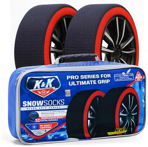 K&K - Calcetines de nieve automotrices para neumáticos, serie Pro para el mejor agarre, dispositivo de tracción alternativo para camión, SUV, furgoneta, coche, textil, kit de emergencia de invierno,