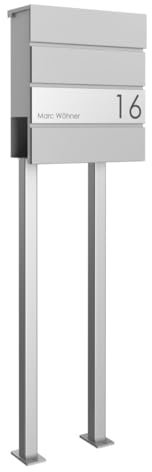 Briefkasten Manufaktur Design Standbriefkasten Kant Edition mit Zeitungsfach - Elegance 1 individuell mit Ihrem Namen & Hausnummer - 120cm Edelstahl-Ständer (RAL 9007 graualuminium)