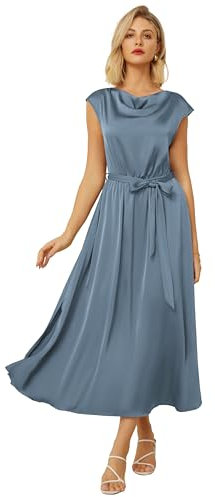 GRACE KARIN Robe Mi-Longue Décontractée pour Femme Coupe Trapèze Manches Courtes Col Bénitier Robes D'Invitées de Mariage avec Poches Bleu XXL