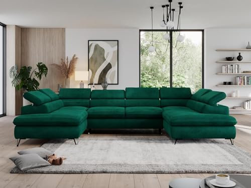 MKS MEBLE Sofa U, Wohnlandschaft U-Form, Ecksofa mit Schlaffunktion und Bettkasten, Schlafsofa mit Bettkasten, Couch mit Verstellbare Kopfstützen - Pedro U - Grün Velvet Hydrophob