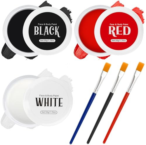 TonJin Black White Red Face Body Paint Set Halloween Makeup,150g Non-Toxic Professional Paint Palette Kit with 3 Brushes for Art Theater Party Zombie Vampire Cosplay Clown Corpse Paint SFX