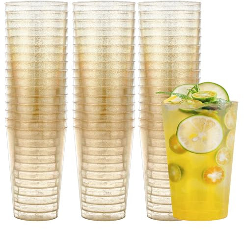 Premium Plastikbecher mit Goldglitter, 50 Stück Partybecher Set, Hartplastik Becher, Mehrwegbecher, 360ml Kunststoff Trinkbecher, für Birthdays, Weddings, Christenings, Christmas & Parties
