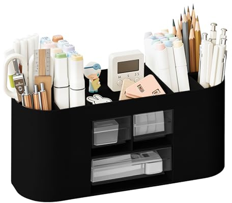 Lvjkes Organizador escritorio,Organizador de escritorio, 10 compartimentos de gran capacidad,cajón transparente de doble capa, puede contener lápices, crayones, varios artículos de papelería (negro)