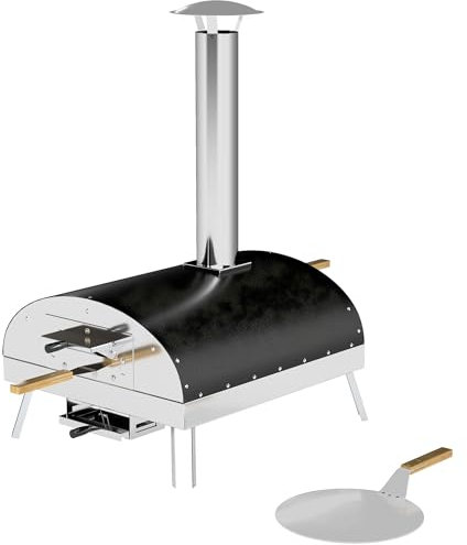 Outsunny Mini Horno de Pizza Exterior Portátil Horno de Leña con Piedra Refractaria Ø33 cm Mangos de Madera Termómetro y Bandeja Giratoria para Jardín Terraza Camping Patio