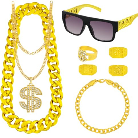 BSBUY 8 Pezzi Hip Hop Costume Accessori Kit, Anni '80 '90 Accessori per Rapper, Set Accessori Rapper Costume Hip Hop, Collana Dollaro Anello Simbolo Occhiali da Sole Oro Set, per Carnevale Halloween