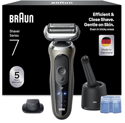 Braun Series 7 Elektrorasierer Herren, Rasierapparat mit 60 Min. Akkulaufzeit, 4in1 SmartCare Reinigungsstation, +1 Aufsatz, Kabelloser Nass- und Trockenrasierer, Wasserdicht, 72-C7200cc, Gold