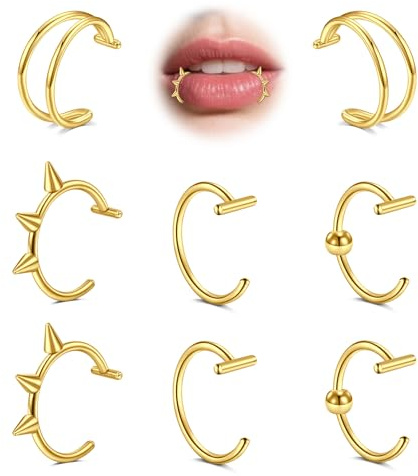 MODRSA Piercings Falsos Nariz & Labio: Anillo Falso de Labio Remachado Negro, Dobles Anillos Sin Perforar Clip On