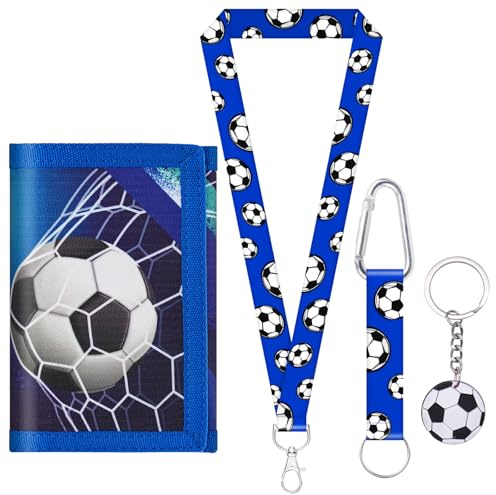 MLPKOI Football Boys Wallets for Kids, Kids Wallets, Neck Wallet with Football Keyrings for Boys, Trifold Wallet, Zippered Coin Pocket Card Holders, Folding Purse with Carabiner for Children Gifts