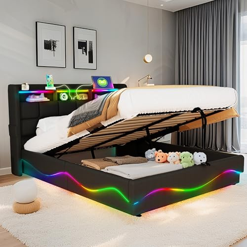 XMETPR Lit de Rangement Multifonction (160x200 cm) avec Lumières LED, Lattes en Bois, Étagère de Tête de Lit et Station de Chargement USB/Type-C, Cuir, Noir
