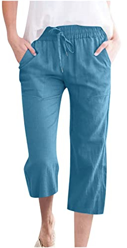 RLEHJN Wide Leg 3/4 Trousers for Women, Ladies Cropped Trousers Plain Summer Loose Lounge Pants Three Quarter Length Capri Pants Elasticated Waist Straight Leg Bottoms with Pockets and Drawstring