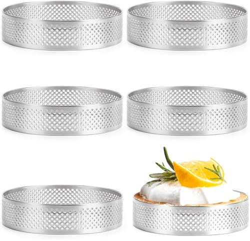 Tårtringar, uppsättning med 6 kakringar i rostfritt stål, 8 cm rund, 2 cm hög, perforerad – dessertringar, tårtgaller för perfekta tårtor och desserter