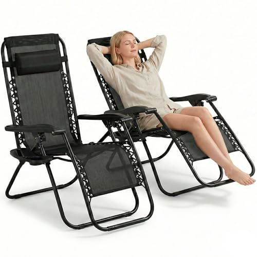 FORA Set 2 Sdraio da Giardino Pieghevoli – 176×67×110 Cm, Tubo 25mm e Tessuto Traspirante, Nero, Reclinabili Con Blocco di Sicurezza, Cuscino Incluso, Chiusura Rapida, 120 Kg