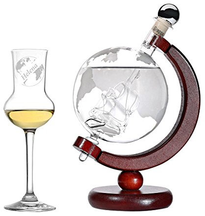 polar-effekt Grappa Set personnalisé - Bouteille Carte du Monde et Bateau rempli 500 Grappa - idée Cadeau Anniversaire de Noël - Verre Grappa de 87ml Grappa Goblet avec Gravure - Design: Globus