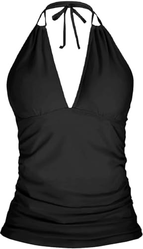 Yonique Women's Halter Tankini Top No Bottom V Neck Swim Top Tummy Control Bathing Suit Top Black L