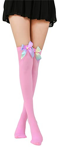 AWOCAN Women Satin Bow Thigh High Stockings Over The Knee Socks for Girl Lady (Pink)