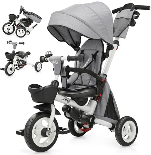JMMD 8 in 1 Tricycle Stroller with Push Handle, Foldable Trike with 360° Swivel Seat, Reclining Backrest, All-Terrain Wheels, Dual Brakes, Canopy & Storage, Gift for Kids 18 Months to 5 Years, Gray