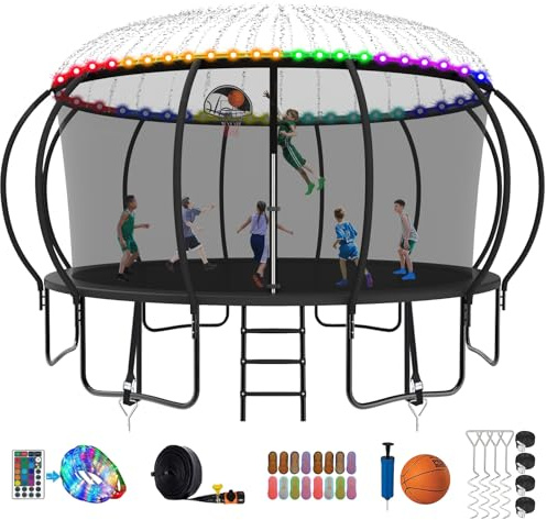 SKYUP 2026 Upgraded 8 10 12 14 15 16 FT 1500lbs Tranpoline for Kids and Adults with Light+Sprinkler+Socks, Recreational Tranpoline with Basketball Hoop, Ladder, ASTM Approved Tranpoline for 7-10 Kids