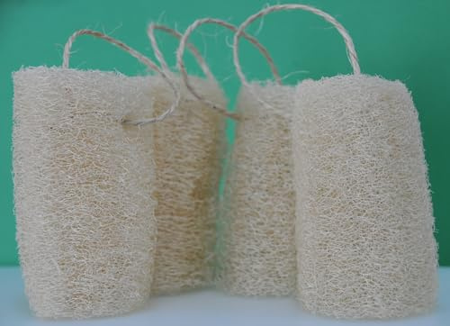 Lot de 4 éponges luffa de douche, exfoliantes et naturelles de 12 cm de long avec cordon de suspension, pour le soin du corps.