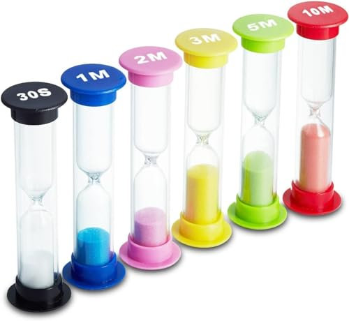 Sand Timer Set of 6, Colorful Hourglass Sand Clocks (30s/1/2/3/5/10 Min), Visual Aid for Kids, Toothbrush Time Keeper, Classroom Essentials for Teachers