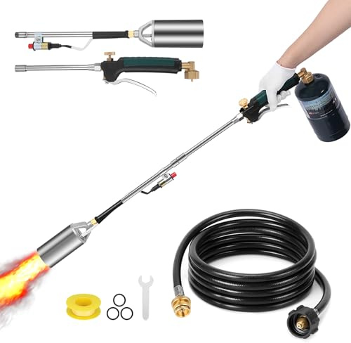 Propane Weed Torch, WADEO Weed Burner Torch Kit with 10 FT Hose Regulator, Weed Torch with 360,000 BTU, Self Igniting and 1lb Propane Cylinder Converter for Flame Weeding, Roofing, Melting Ice Snow