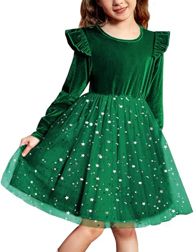 Arshiner Vestito da Bambina Abito Festivo in Velluto Abito Girocollo in Tulle Abito per Bambini con Volant a Maniche Lunghe Abito Verde Natalizio Abito da Sera da Principessa con Paillettes 5-6 Anni