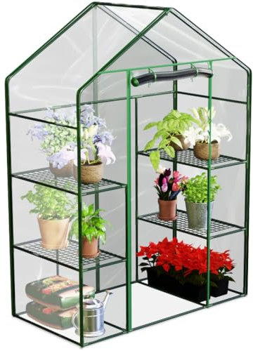 Plonos Gewächshaus Foliengewächshaus Gartengewächshäus Stabil Tomatenhaus 195 x 140 x 70 cm Regal Garten Balkon Grün Transparent