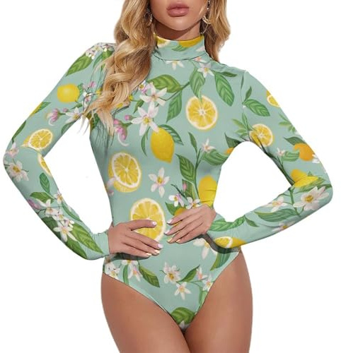 VOSERY Body à manches longues pour femme, joli motif de fleurs violettes citronnées, col roulé et haut combinaison pour femme, contrôle du ventre