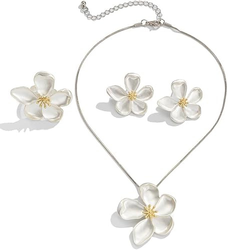 TTPSRY Bijoux Femmes Ensemble Collier Plaqué Argent Bague Boucles Fleurs pour Femmes et Filles Bijoux Fantaisie Cadeaux pour la Fête des Mères les Anniversaires Noë (Argent)
