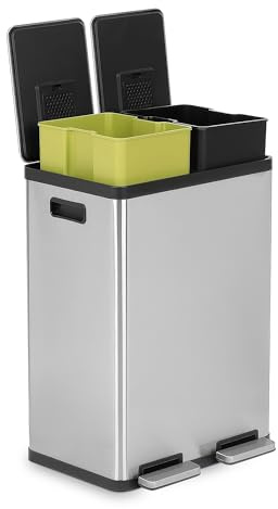Simpli-Magic 16 Gallon (60L) Step Trash Can – Dual Compartment Kitchen Garbage Can with Waste & Recycling Bins – Slow-Close Lid, Odor Control, Hands-Free, Inner Bases, Premium Stainless Steel