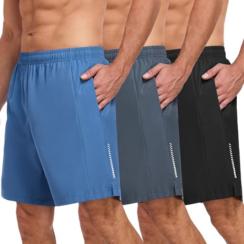 xtuwkzo Gym Hose Herren Kurz Workout Sporthosen Polyester Manner Trainings Tennis Lauf Shorts Mit Taschen Dry Fit Multipack Schwarz/Grau/Blau XXL