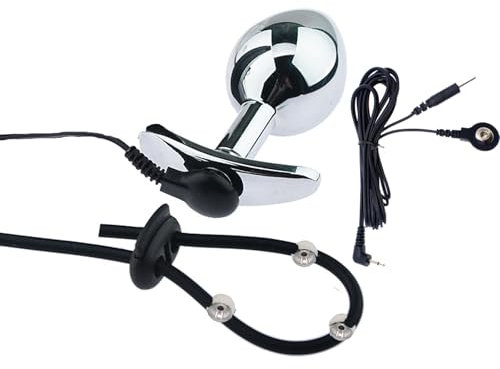 AMAZBEE Plug anale Massaggiatore prostatico Electroshock per uomo Butt Plug indossabile con anello per il pene Dilatatore elettrico dell'ano in acciaio inox con base a T (L,1)