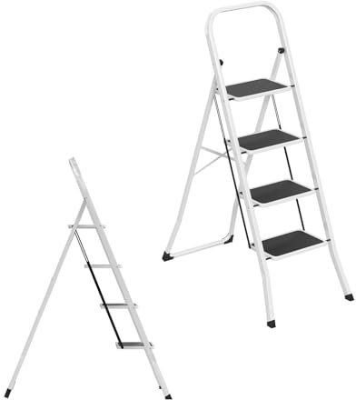Froadp Escalera plegable de 4 peldaños, con pedales anchos, estructura de acero, patas antideslizantes, soporta hasta 150 kg, escalera plegable para casa, almacén, garaje, ahorra espacio, color blanco