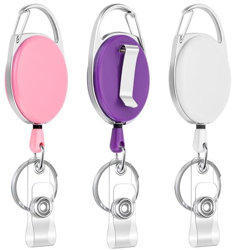JEFURE Retractable Badge Reel, 3 Pcs, Pink, White, Purple | Extendable ID Card Holder, Keyring with Clip, Heavy Duty Keychain, Fob Holder for Office, School, Work