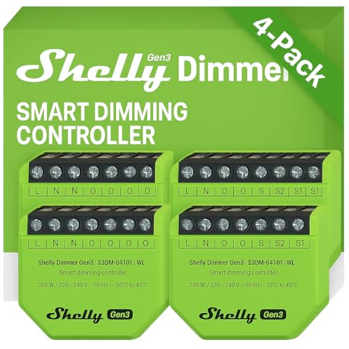 Shelly Dimmer Gen3, confezione da 4 dimmer Wi-Fi intelligenti, automazione domestica, luci dimmerabili, strisce LED, senza conduttori neutri, pianificazioni intelligenti, iOS