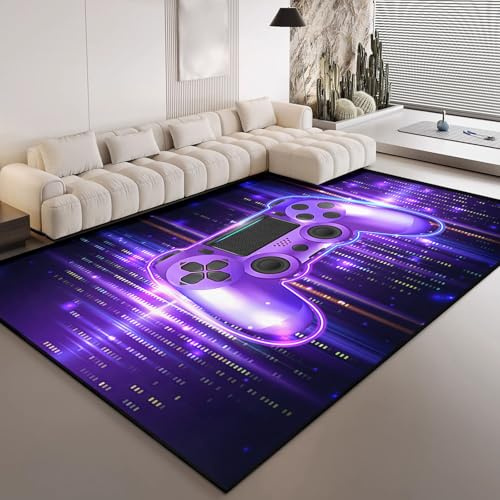 HOSIMA Lila matta med spelkonsoltryck, mjuk undersida, halkfri matta för barnrum, sovrum, halkfri matta med kort lugg (120 x 160)
