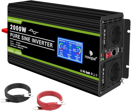 NOVOPAL 2000W Onda Sinusoidale Pura Power Inverter DC 24V in AC 220V con Display LCD Intelligente,2 EU Presa con Uscita USB,5 Metri di Telecomandoper per Camion Camping Macchina da Caffè