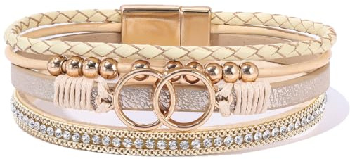 Becklynn Boho Leather Wrap Bracelets Beaded Crystal Stackable Cuff Bracelet with Magnetic Clasp Cowboy Cowgirl County Concert Outfits Western Jewelry Gifts for Women(Infinity Gold)