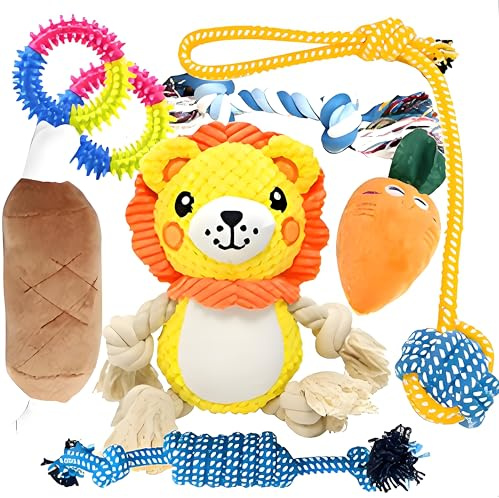 Hundespielzeug Jouet Chien Sonore | Durables Peluche pour Chien avec Pattes en Corde | Jouet Occupation Chiot et Petits Chiens | Doudou Jouets Chien Interactif en Coton Naturel (Lion)