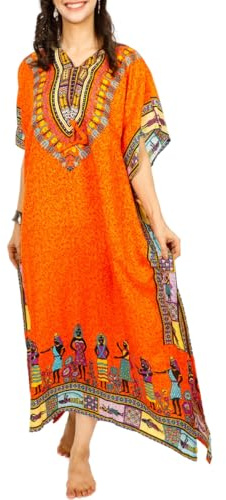 Tengru Women African Kaftan Maxi Swimsuit Beach Cover Up Nightwear Loungewear Casual Dress Ladies Dashiki Caftan Gift for Her (African Kaftan-Orange1)