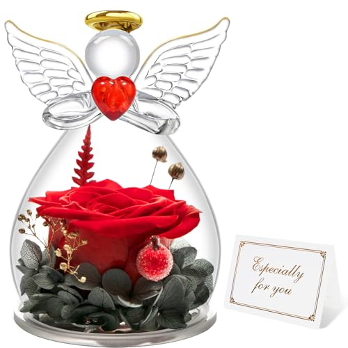 Miofula Rosa Stabilizzata Regalo Donna Compleanno, Rosa Eterna Figurine Angelo Regalo Mamma Nonna Festa della Mamma, Fiori Stabilizzati Regalo Anniversario, Regali Donna San Valentino Regali Fidanzata
