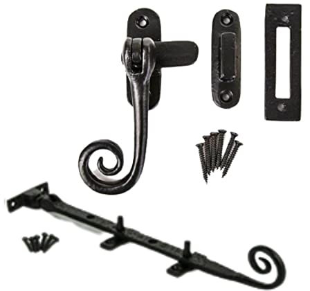 Black Monkey Tail Window Casement Fastener & Window Stays Combo Set Vintage Monkey Tail Window Catch Curly End Casement Fastener Antique Cast Iron Monkey Curly Tail Mortice Latch.