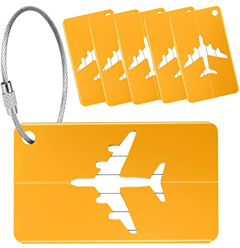 Yizhet Etiquetas para Equipaje, Identificador Maletas Viaje Aluminio, 6 Piezas Etiquetas para Maletas de Viaje, Etiquetas de Equipaje para Maletas con Anillos de Acero (Oro)