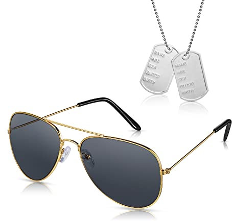 BBTO 2 Stück Flieger Captain Kostüm Set Flieger Verkleidung Accessoires Sonnenbrille Fliegerbrille und Erkennungsmarke Kette Hundemarke Halskette für Damen Herren Erwachsene Halloween Cosplay