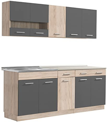 Homestyle4u 2357, Küche Küchenzeile Küchenblock Eiche Holz Grau Einbauküche Single Küchen Schränke 200 cm