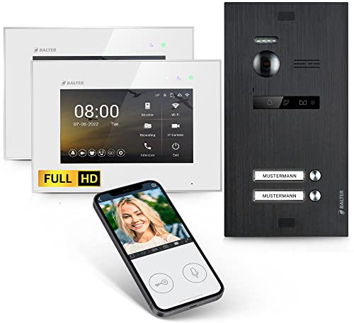Balter EVO-HD Video Türsprechanlage, Video Türklingel mit Kamera, 2 familienhaus Klingel, Smartphone App, 7 Zoll HD Monitor, Full HD-Kamera, 2 Draht Bus, Gegensprechanlage mit 175° Weitwinkel Schwarz