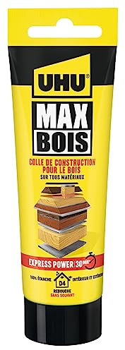 UHU Bois Max express- Colle à bois SMP, extrèmement forte et rapide, résistante à l'eau, D4, sans solvant, blanc, tube 100g