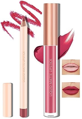 Boobeen Lápiz de labios mate líquido y lápiz de línea Set, desnuda de labios rojos maquillaje de larga duración a prueba de agua lápices delineador de labios y terciopelo brillo de labios mate (#10)