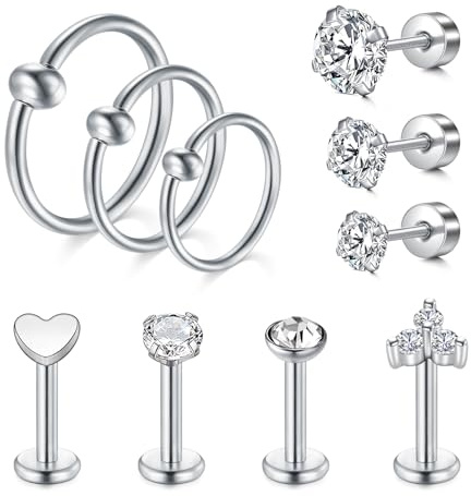 MODRSA 16G Piercing Trgus Plata Acero quirúrgico Labret Labio Anillo Piercing Oreja 6-12mm Tragus Helix Stud Barra Piercing Cartílago 10Piezas