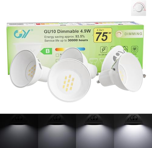 GY GU10 dimbar LED-lampa, 4,9 W, 790 lm, 6 500 K, kallvit, 120° bred stråle, energibesparing, ögonskydd, GU10 LED-dimmer glödlampor, 5 enheter